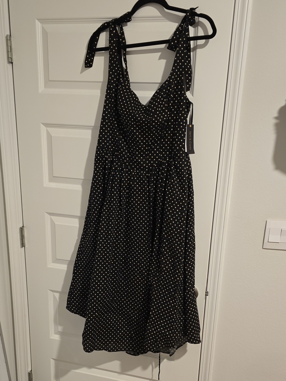 Polka Dot Tie-Shoulder Midi Dress - Black